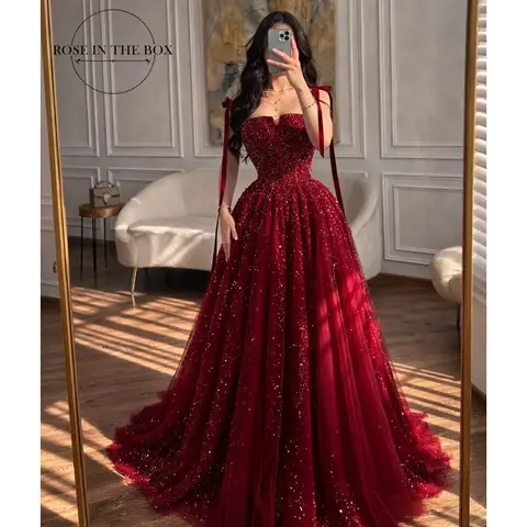 ROSEINBOX Robes de bal bordeaux brillantes en dentelle 2026, à fines bretelles, taille empire, robes de soirée de luxe, robes de bal formelles personnalisées