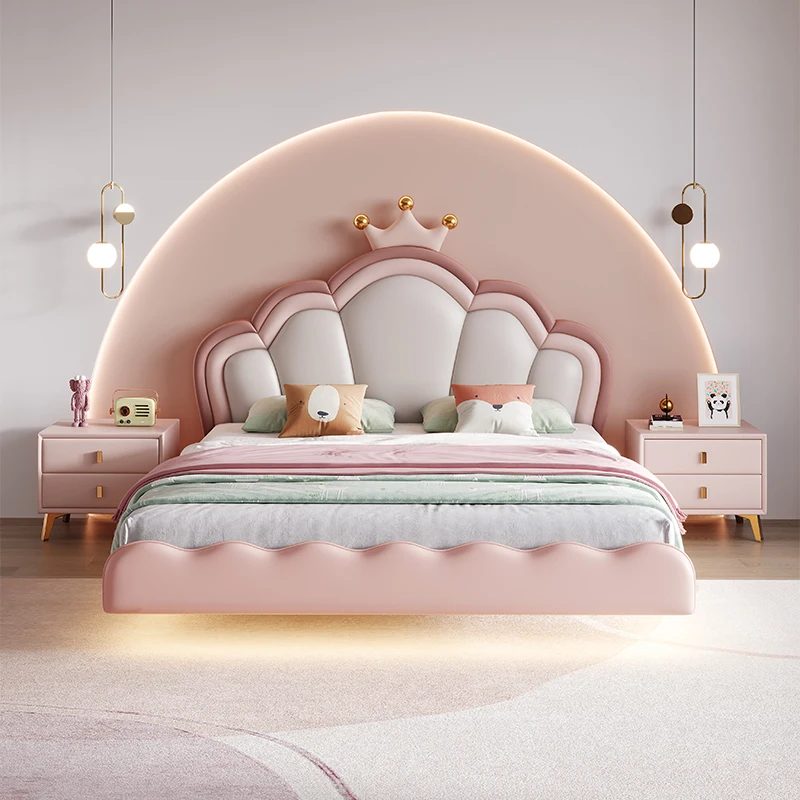 Cream Wind Children's Suspension Bed With Lights Modern Simple Girl Boy Soft Package Light Luxury Double Master Bedroom Bed