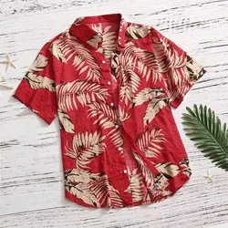 Hawaiian Shirt Men Holiday Short Sleeve Red Shirt Turn Down Collar Leaf Print Vacation Beach Tops Clothing Camisas