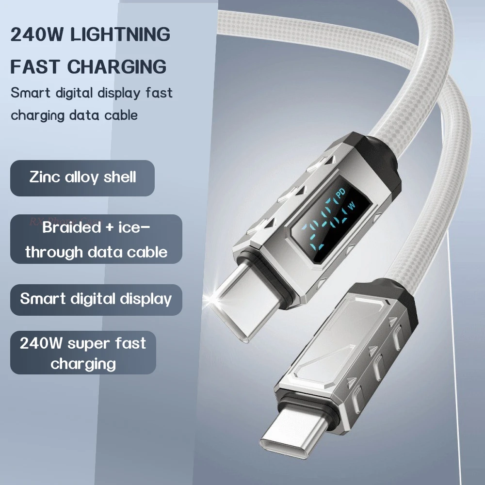 Type C to Type C Cable Digital 240W 1.5m Display Mechanical Zinc Alloy Data Cable Fast Charging Cable for Samsung iPhone 18 etc