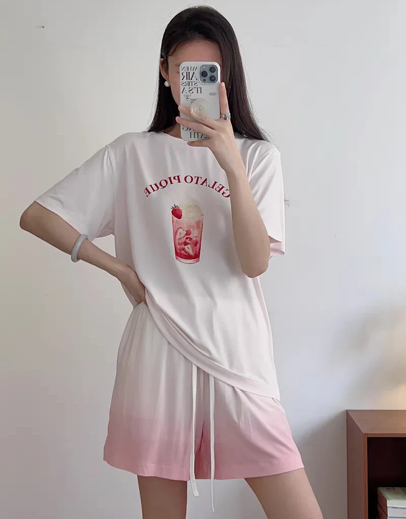 Setelan celana pendek pakaian kamar wanita baju tidur piyama musim panas baju tidur pakaian rumah T-shirt Modal pakaian lucu