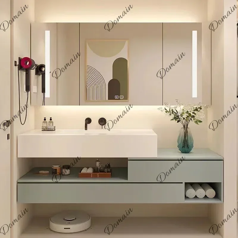 6XY 60 Inch Bathroom Vanity Double Sink Bathroom Cabinet Modern Minimalist Plate Washing Hands Seamless Basin Solid Wood Combina