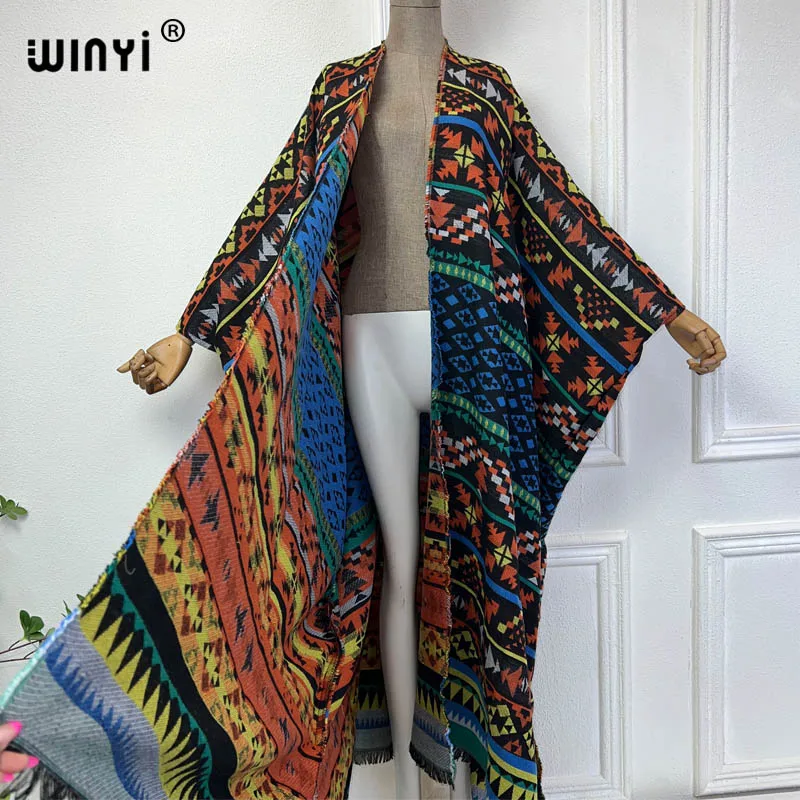 WINYI 2024 winter cardigan Africa print women loose jacket Warm kimono long down coat Middle East fashion abaya holiday dress