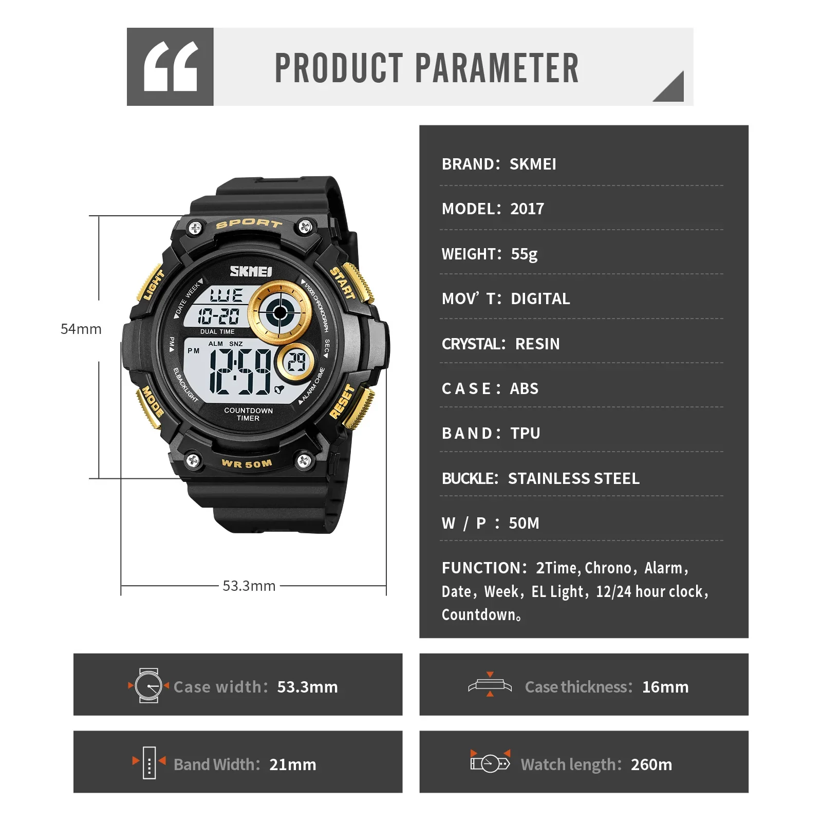 SKMEI 2017 جديد الرياضة الضوء الخلفي ساعة رقمية رجالي 5Bar مقاوم للماء العسكرية العد التنازلي ساعة المعصم relogio masculino ل K