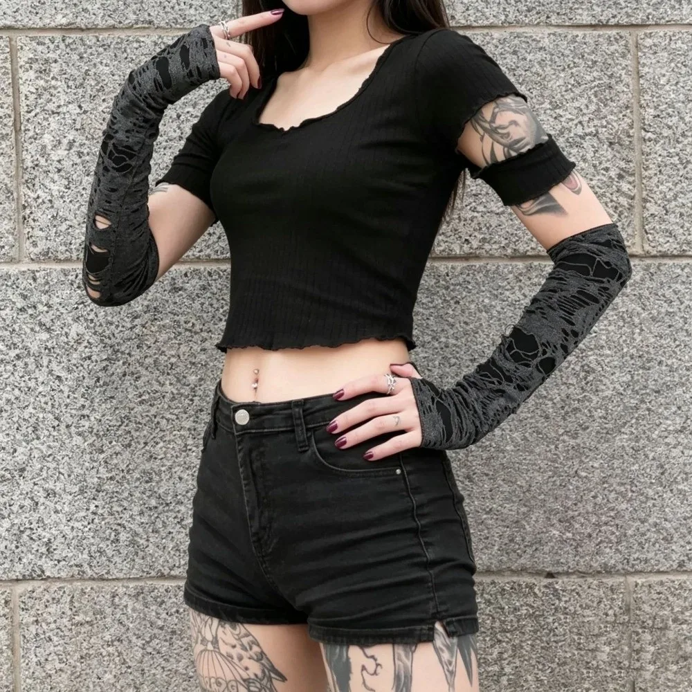 

Long Punk Gloves Dark Style Desert Wind Fingerless Arm Warmers Knit Material Distressed Style Hollow Out Arm Sleeves