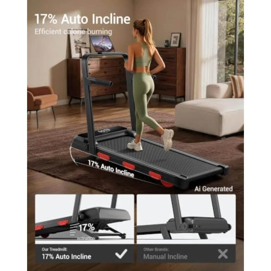 Auto Incline Walking Pad Treadmill for home use, ABS plastic, black, 17 incline with 12-level adjustment and 43 high armrests