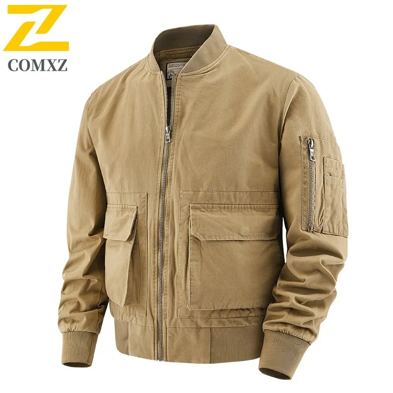 

COMXZ2025 Men Stand Collar Jacket Spring Autumn Versatile Trendy Workwear Loose Fit Casual Waterproof Windproof Lightweight Coat