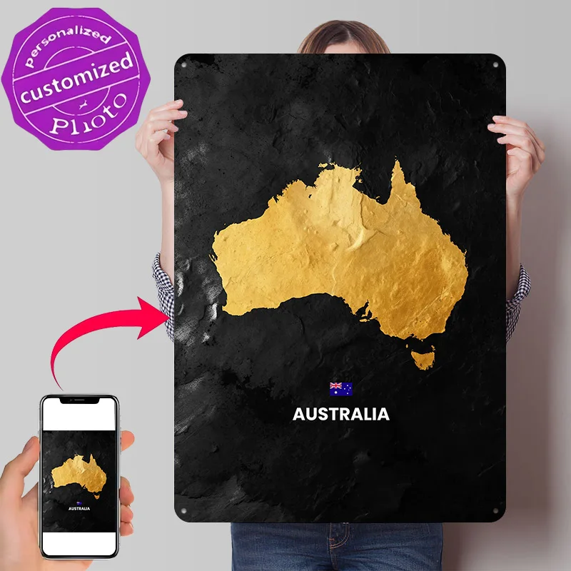 Australia Map on Black Textured Background 3D Texture Printed Poster Custom Vintage Metal Tin Plate Sign for Wall Art Decor Room