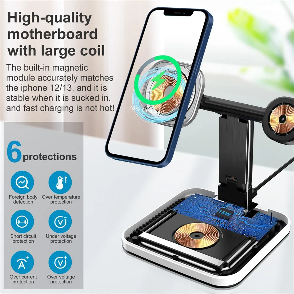 Magnetic Wireless Charger Stand Foldable Fast Charging Dock Station For iPhone 15 Pro Max 14 13 Apple Watch SE 8 7 For Airpods 3