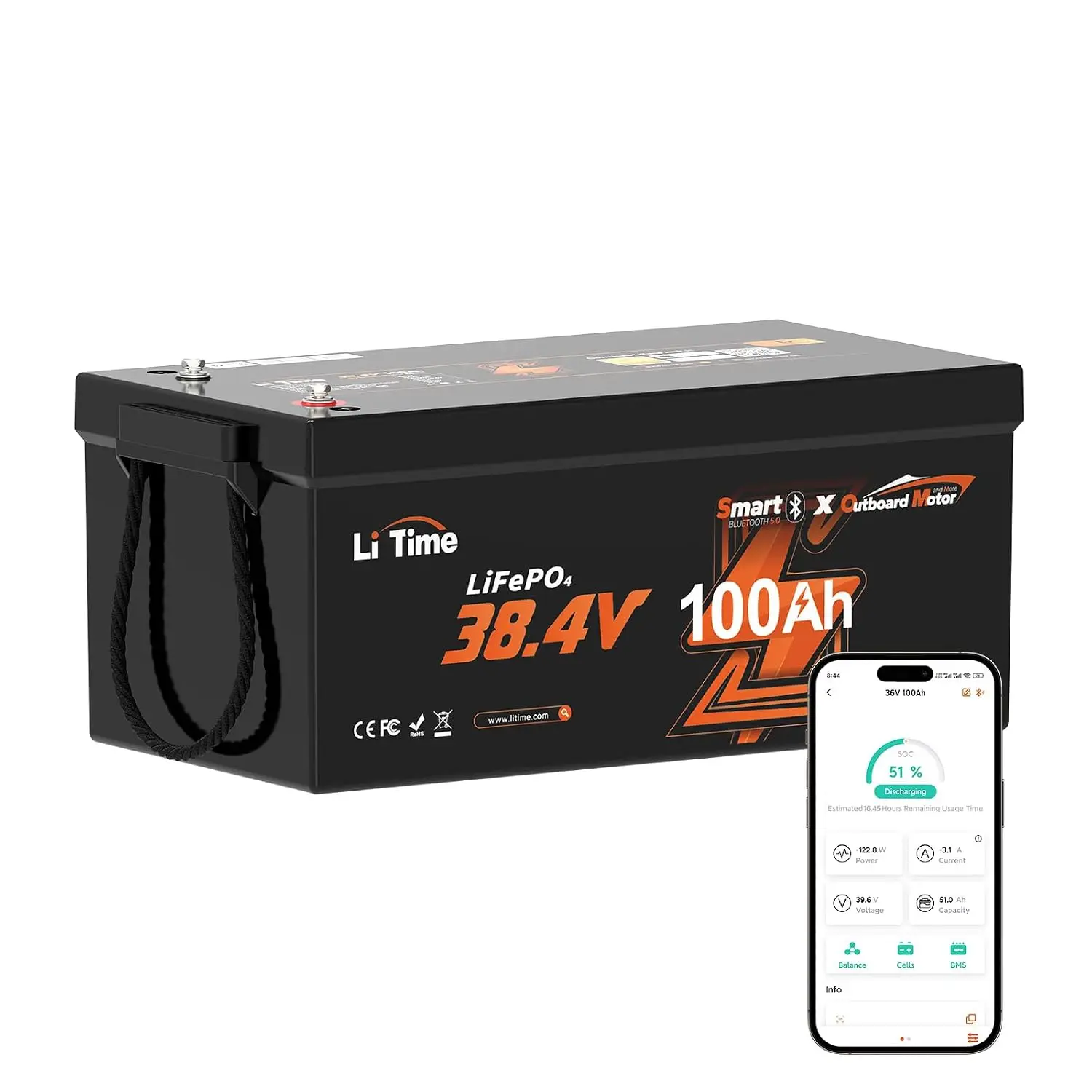 36V 100Ah OBM Lithium Battery for Trolling Motor,Marine,Boat | Bluetooth 5.0,100A BMS,Low-Temp Protection,IP65, Custom