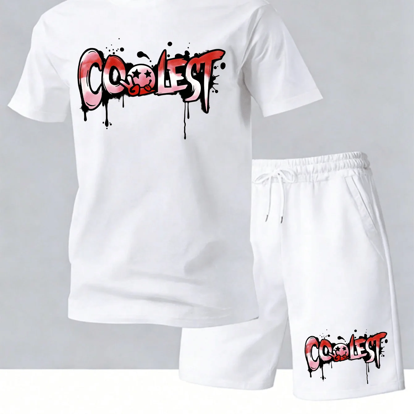 

Mens Casual Hip Hop Two Piece Set Cotton T-Shirt And Shorts With Graffiti Letter Print