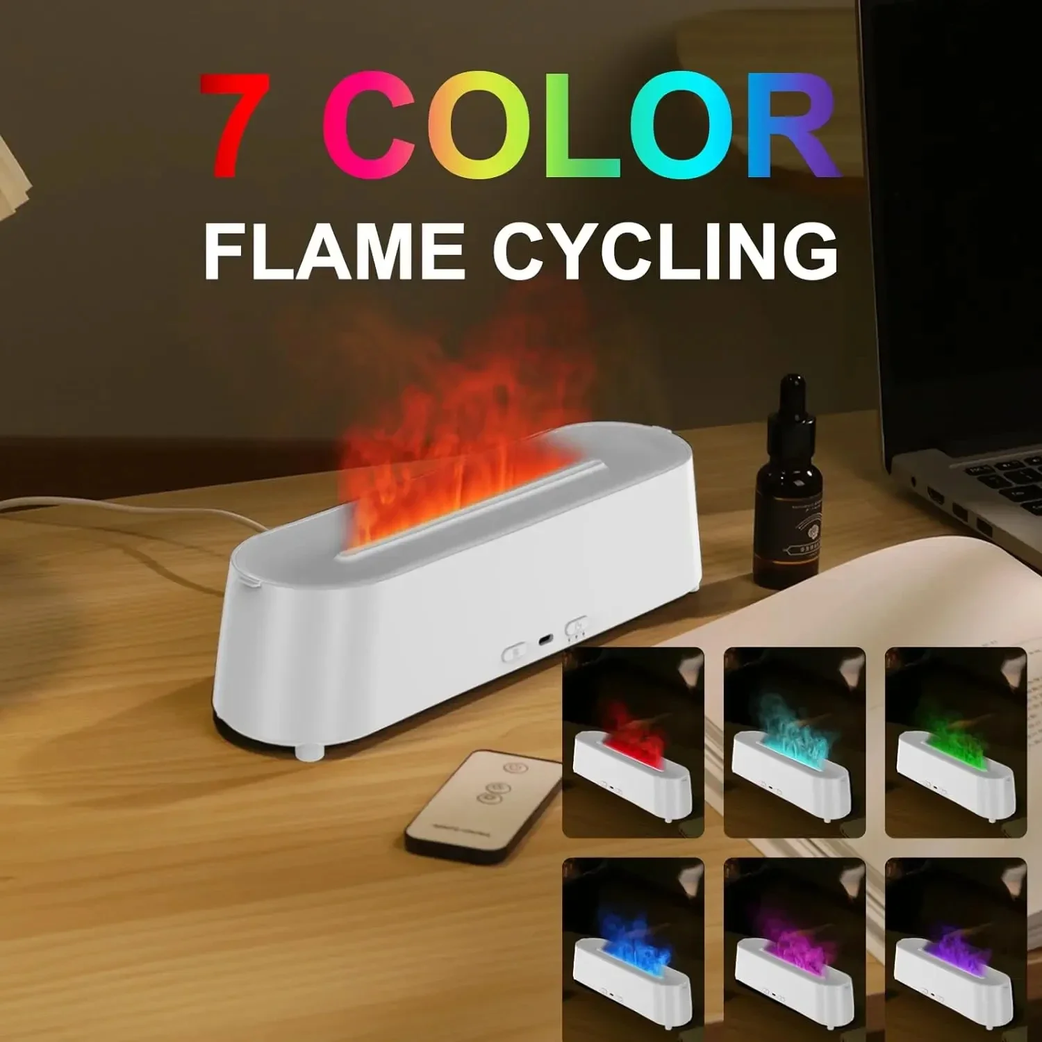 Flame Aromatherapy Humidifier - Remote Control, 7 Color LED Lights, Ultrasonic Technology, 3D Simulation Flame Effect, Essential