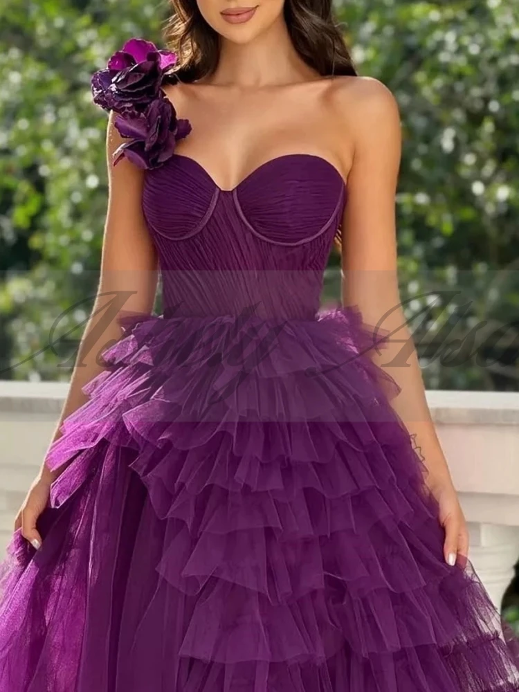 A2862 고품질 퍼플 여성 이브닝 드레스 롱 원숄더 러플 티어드 튤 웨딩 게스트 파티 프롬 정장 맞춤 제작