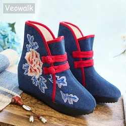 Veowalk Winter Women Denim Cotton Embroidered Short Ankle Boots Fleece Inside Hidden Wedge Heel Canvas Booties Ladies Warm Shoes