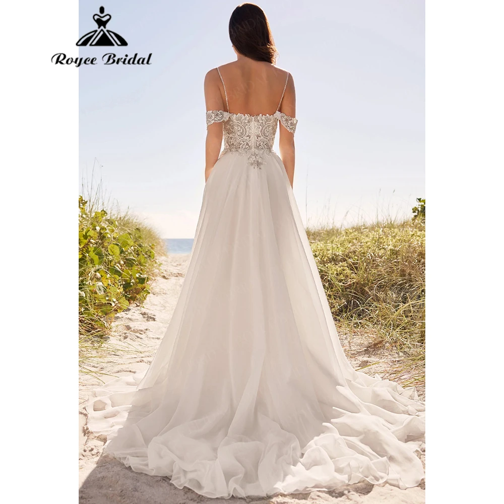 

Roycebridal V-образным вырезом, кружевное и шифоновое свадебное платье трапециевидной формы, на тонких бретельках, с открытыми плечами, со шлейфом, 2021, свадебные платья по индивидуальному заказу