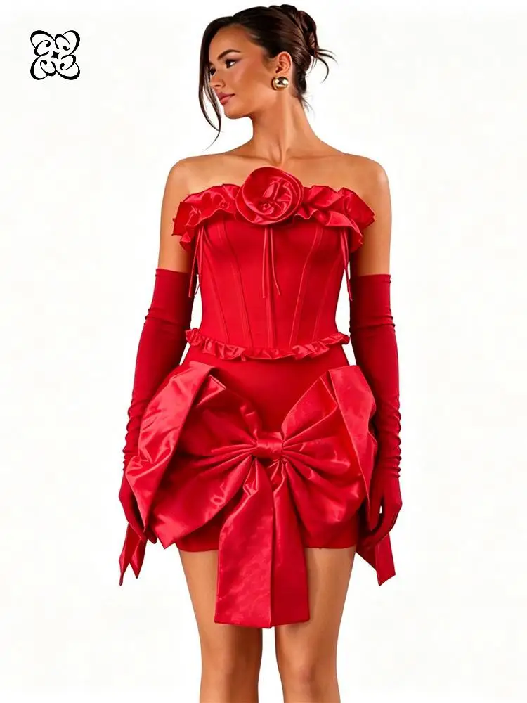 2026 Red Strapless Corset Mini Dress with 3D Rose & Oversized Bow Bodycon Party Dress with Matching Gloves for Valentine's Day