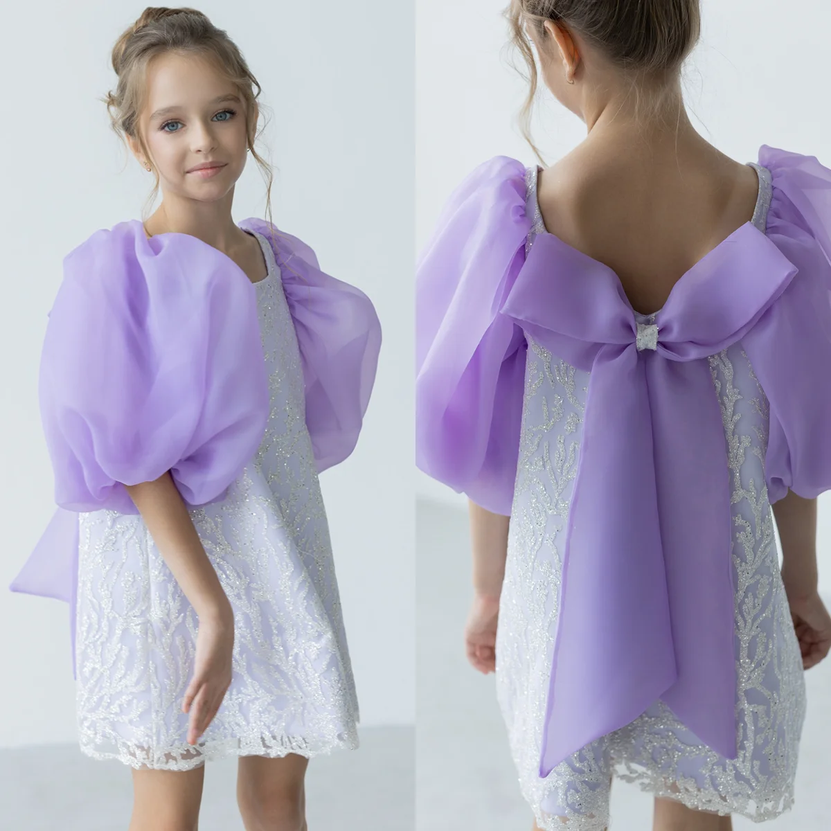 

Sequined Mini Flower Girl Dress Bow Back Kids Wedding Dress Puffy Sleeve Girl Dress Birthday Dress for Princess