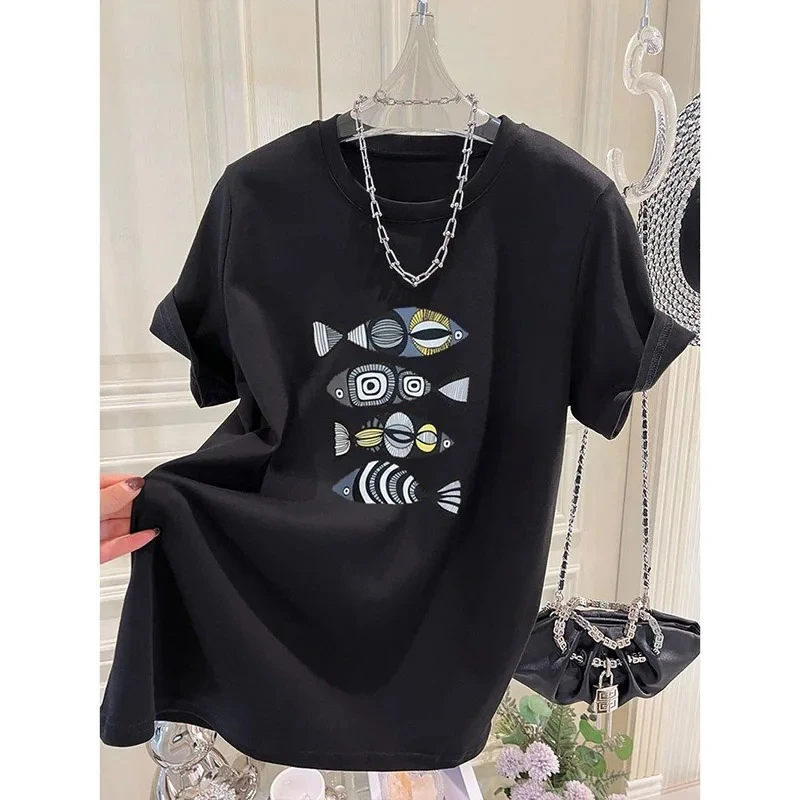 

Women Clothing Fashion Cartoon Animal Print T-shirt Summer Casual Loose O-neck Short Sleeve Tees All-match Pure Basic Top Y2K