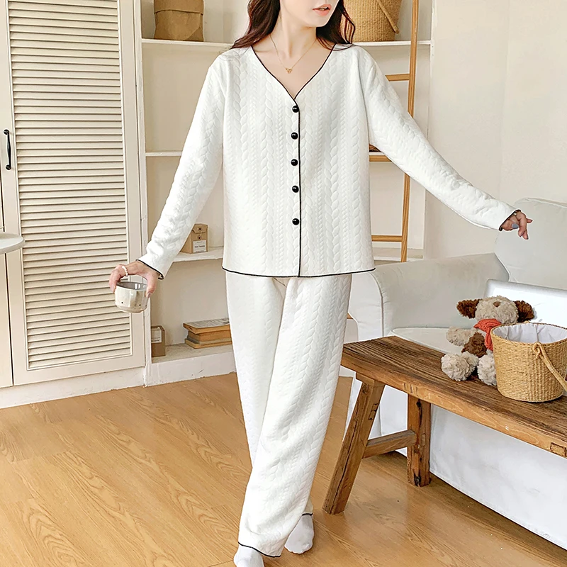 Long Sleeve Thicken Pajama Sets Women Baggy Warm Panelled Sleepwear Home Casual Gentle Korean Fashion All-match Females Pijamas