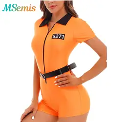 Womens Orange Jail Prisoner Costume Uniform Zipper Short Sleeve Jumpsuit with Belt Criminal Convict Jail Prisoner Cosplay Outfit