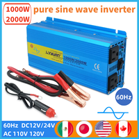 2000W Peak Pure Sine Wave Inverter DC12V/24V to AC 100V 110V 120V Charging Adapter Converter Dual USB Output US Socket