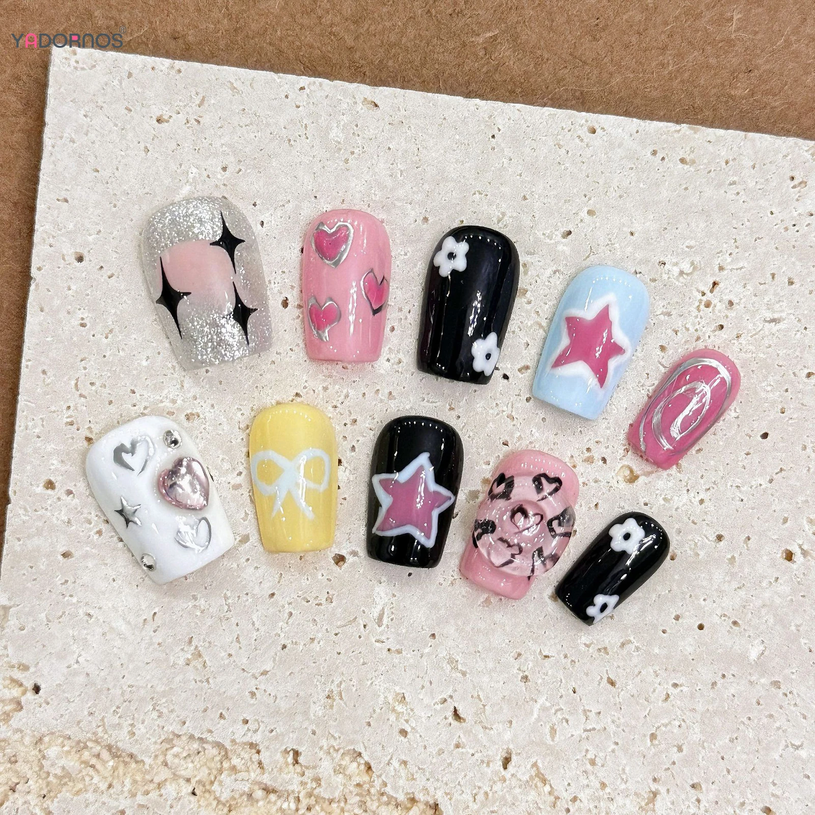 Faux Nministériels d Papillon Carré Noir à Pression Fait à la Main, N64.Pink Star, Amour, Cœur, Manucure Portable, 10 Pièces, Y2K