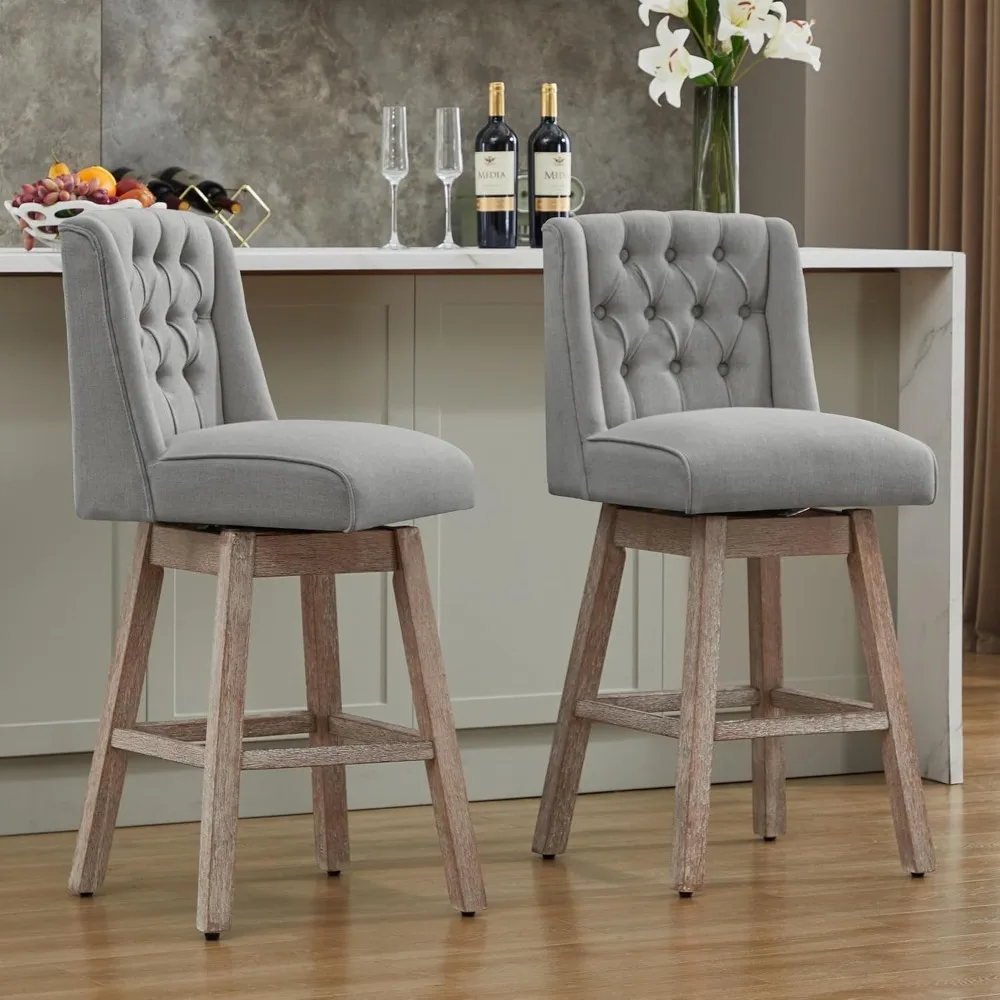 Conjunto de 2 bancos de bar com altura de balcão, 360 ° Bancos de bar giratórios com encosto e pernas de madeira, banco de bar estofado em tecido de linho Morden 28,5
