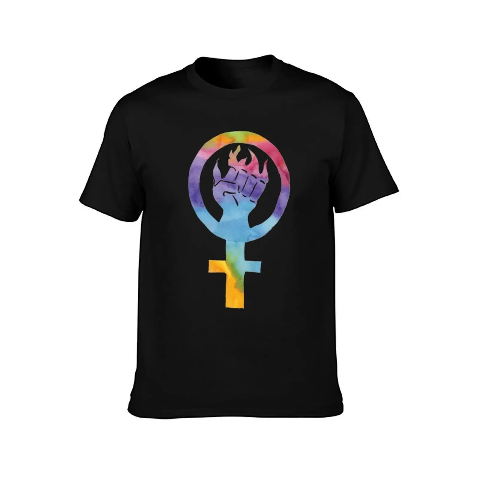 Rainbow Flaming Feminist Fist T-Shirt Comfortable Basic Crew Neck Tee