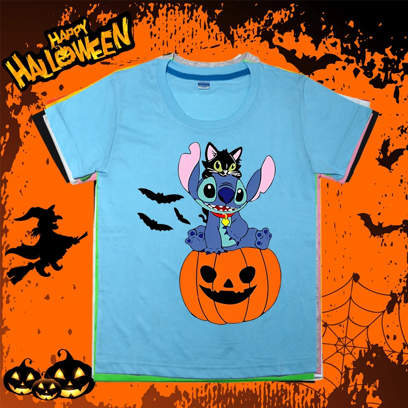 T-shirty dziecięce z nadrukiem Stitch Halloween3 casual topy odpowiednie dla chłopców i dziewcząt letnie dziecięce bawełniane krótkie rękawy