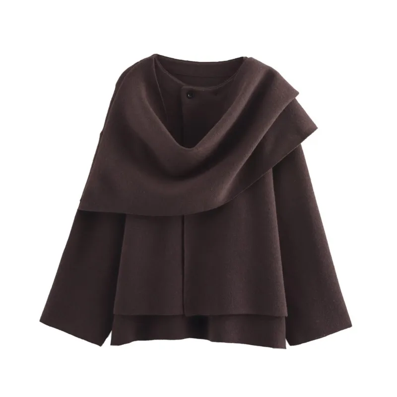 TRAF 비대칭 오버코트 여성 의류 패션 가을 스카프 레이디 아우터, 짧은 니트 아우터, 패치워크 캐주얼 여성 코트