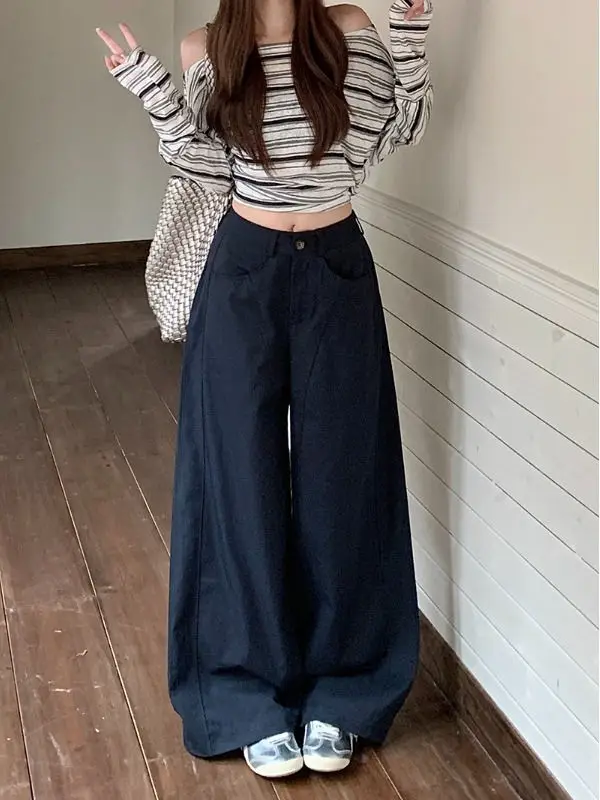 Wijde pijpen broek Y2K leer dames lente plooien tailleband club splitsen twill wasbaar verstelbaar minimalistische sjerpen chic woon-werkverkeer