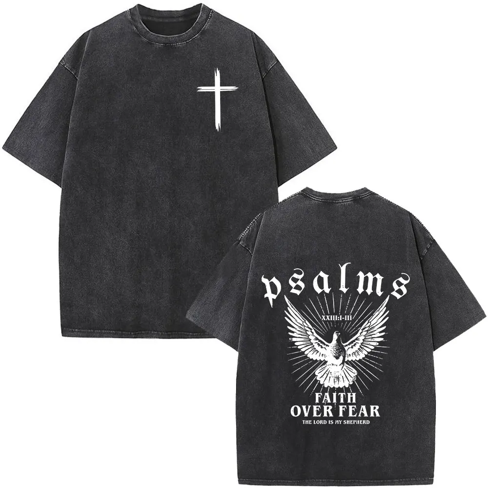 Christian Jesus Faith Over Fear Bible Verse Washed T-shirts Men Women Fashion Vintage Oversized T Shirts Harajuku Cotton T-shirt