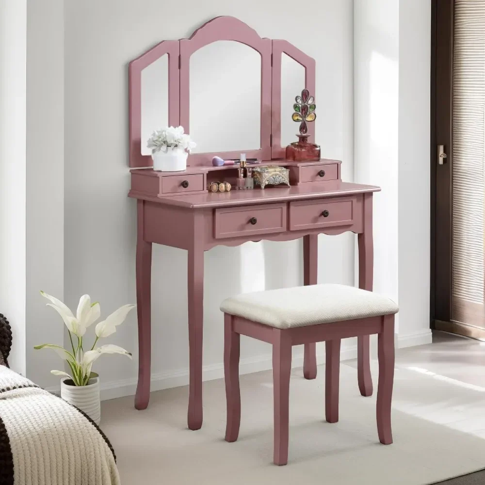 

Wooden Dressing Table, Dressing Table and Stool Set, White, Mirror Vanity Table with Mirror Makeup Vanity Dresser