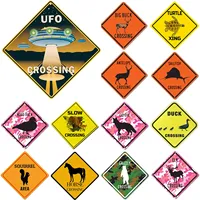 Animal UFO Duck Xing Crossing Metal Tin Road Signs Aluminum Reflective Black on Yellow Metal Sign Weatherproof for Outdoor Use