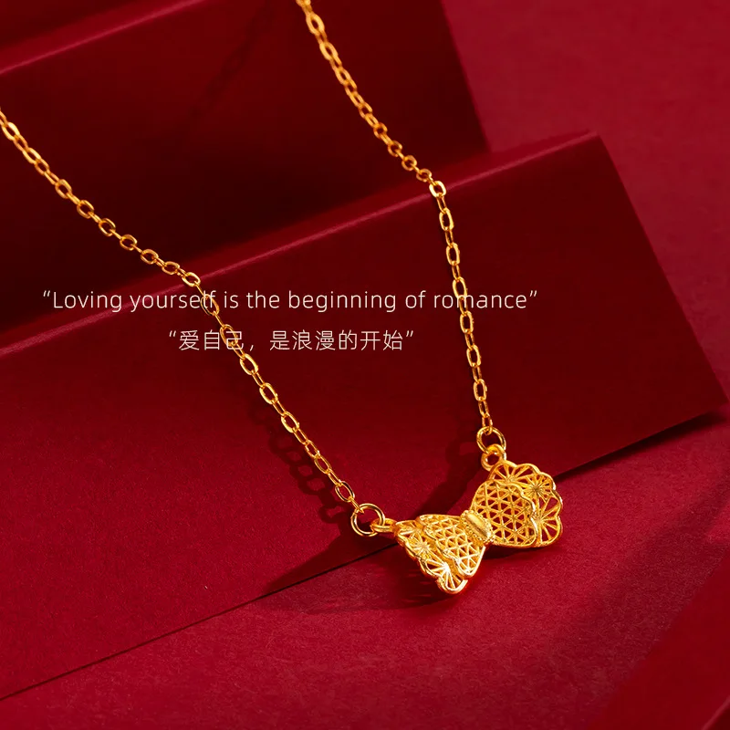 9999 Real Gold 24K Fashion Bow Necklace Female Gentle Cute Bow Set Chain