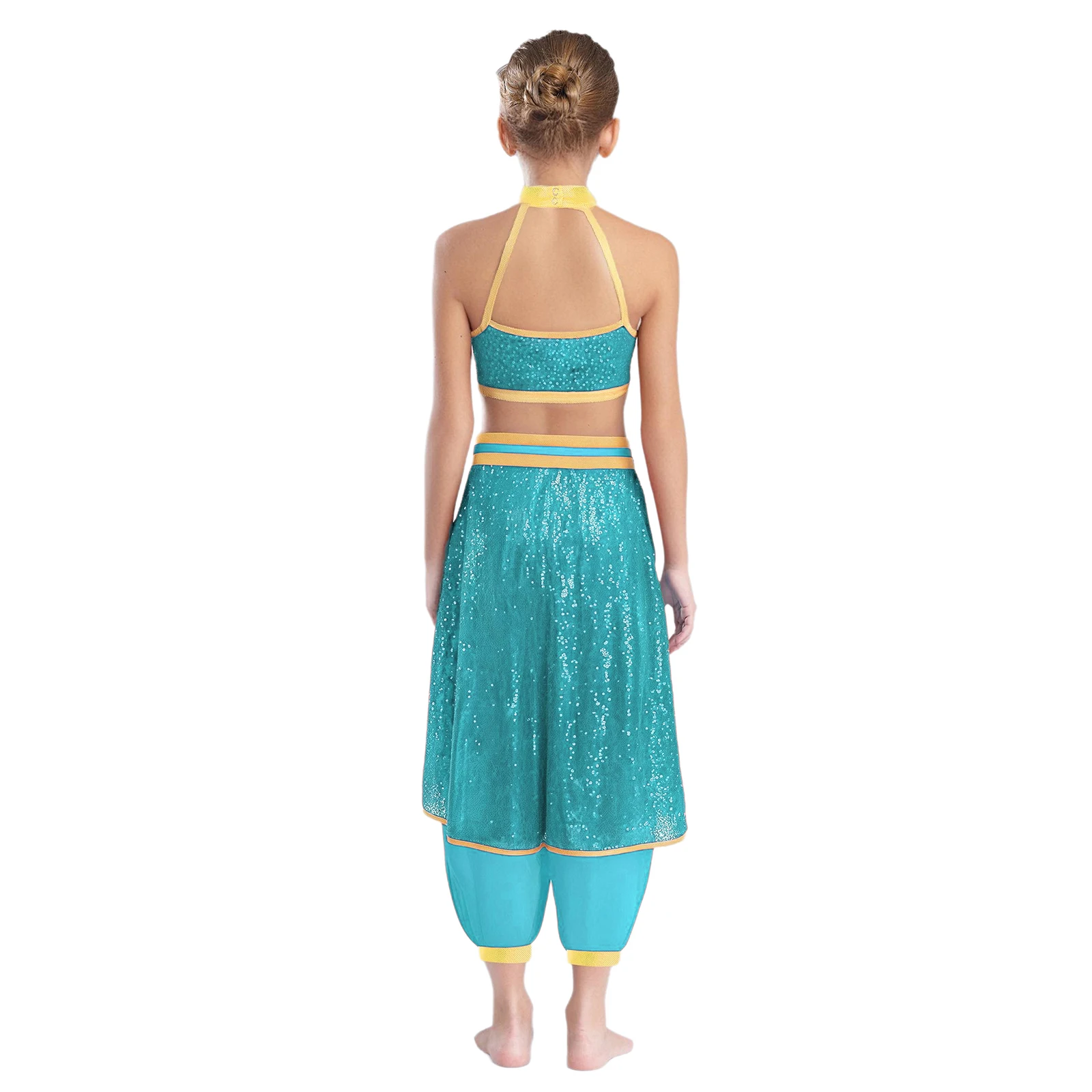 الأطفال الفتيات الياسمين الأميرة العربية ملابس رقص البطن الترتر المحاصيل الأعلى مع تراكب السراويل هالوين كرنفال تأثيري الملابس