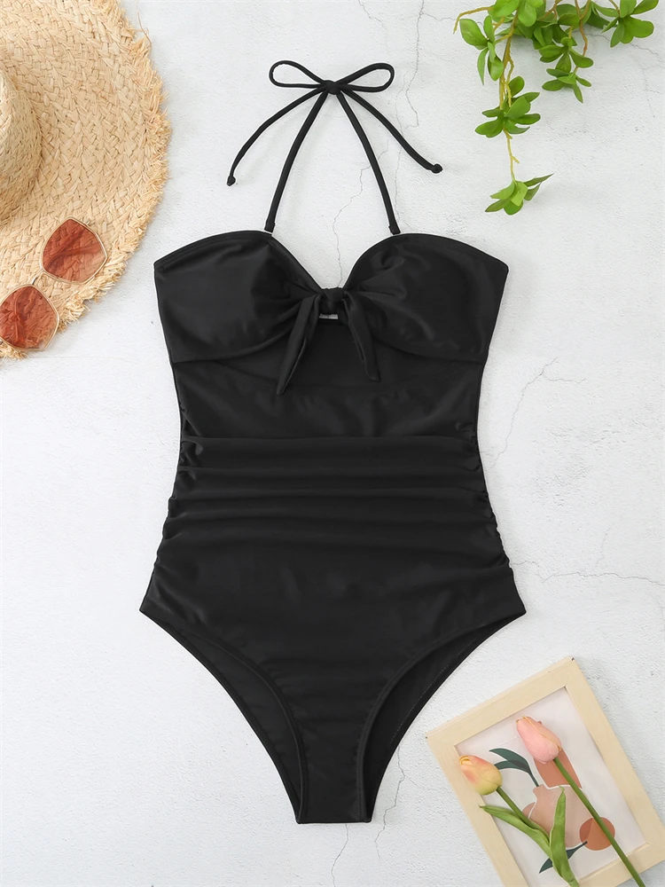 One Piece Women Swimsuit 2023 New Solid Halter Bow Swimwear Push Up Sexy Bodysuit Monikini Summer Beach Wear Bathing Suit Female