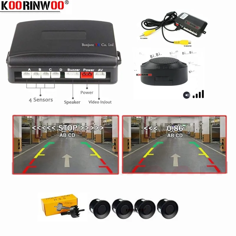 Koorinwoo Elektromagnetischer einstellbarer Summer, Parksensoren, 4 Radare, Parktronic-Videosystem, Schwarz, Weiß, für Überwachungskamera