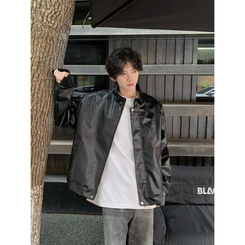 

Faionable ort Jaet Coat Men's Loose Fit oulder Padded PU Leather Jaet Casual Street Sle Hong Kong Trend Outerwear