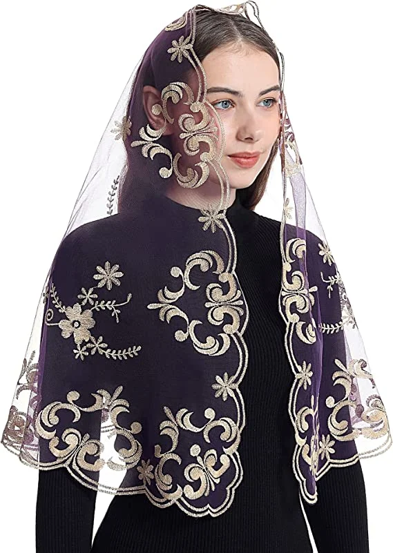 Embroidery Spanish Traditioanl Triangle Scarf Black and White Christian Church Veils for Women