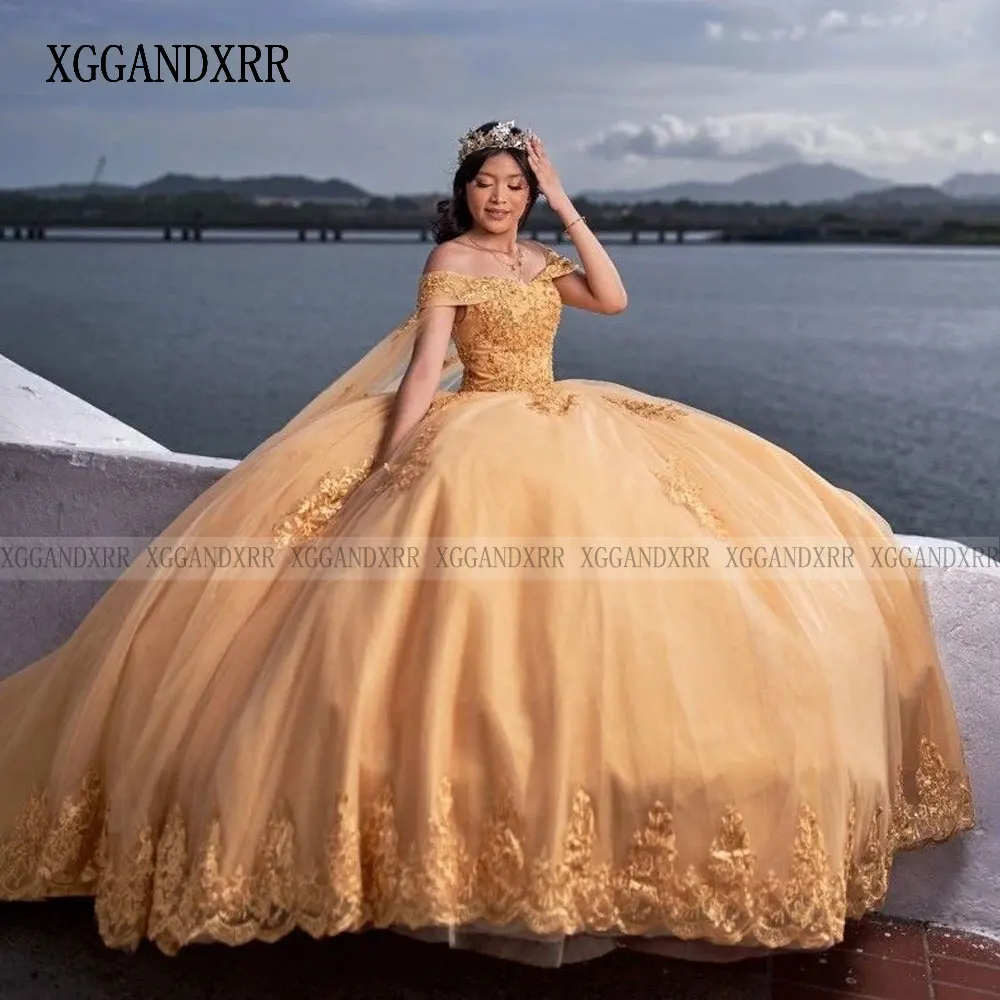 Princess Golden Quinceanera Dress 2025 Ball Gown Lace Applique Beading Crystals With Cape Sweet 16 Vestidos De XV 15 Anos Birth