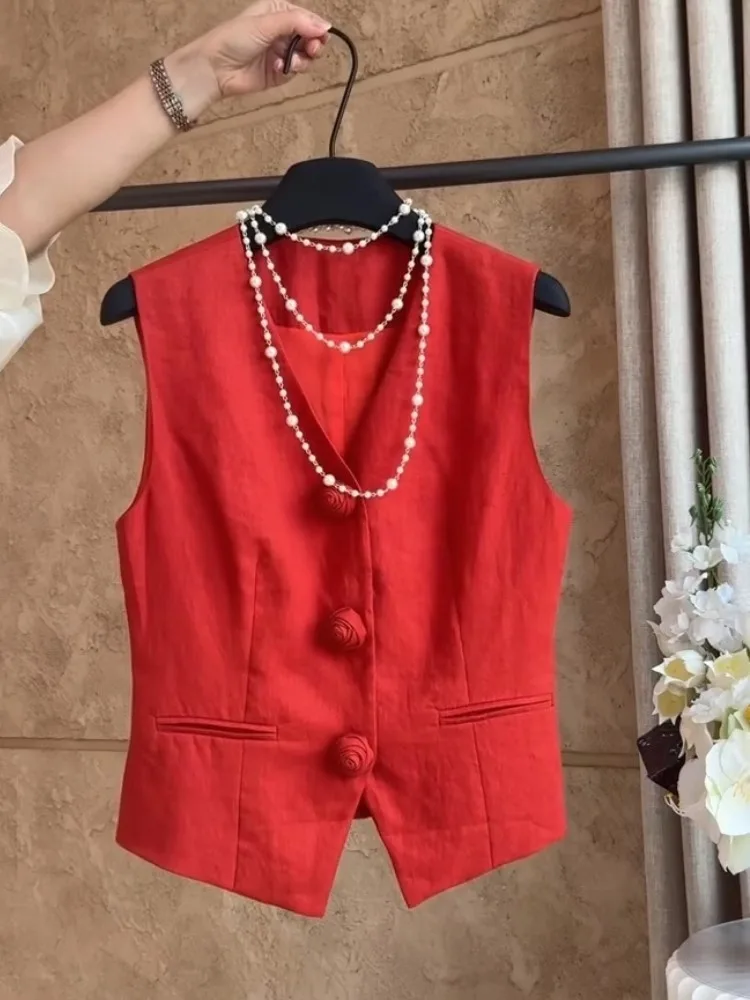 Letnia Lekka Czerwona Lniana Kamizelka Damska Cienka Elegancka Wyjątkowa Super Piękna Odmładzająca Osobowość Modny ...
