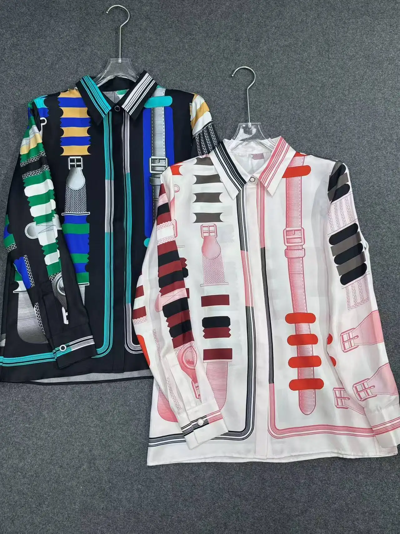 

High-Quality 19 Momme Heavyweight Artistic Geometric Print Silk Twill Collar Long Sleeve Shirt Elegant Straight Cut Wome...