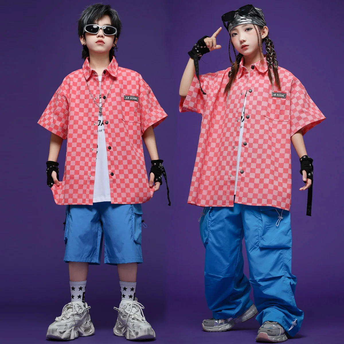 子供男の子女の子夏ストリートウェアルーズカジュアルチェック柄シャツカーゴショーツセット子供-tシャツショートパンツスーツステージ服