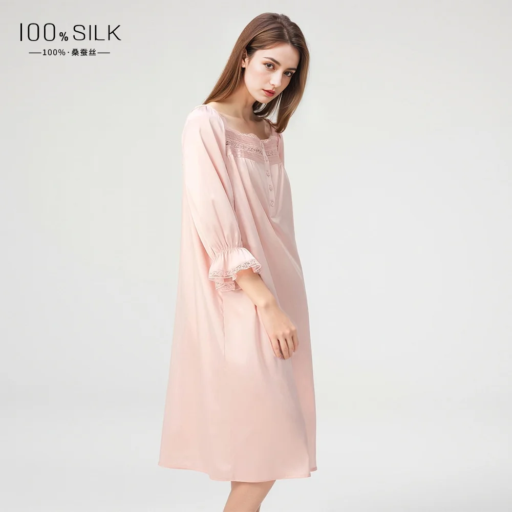 Women's Silk Nightdress, French Square Collar Princess Dress, 100% Mulberry Silk Loungewear, Cool Bubble-sleeve Nightdress