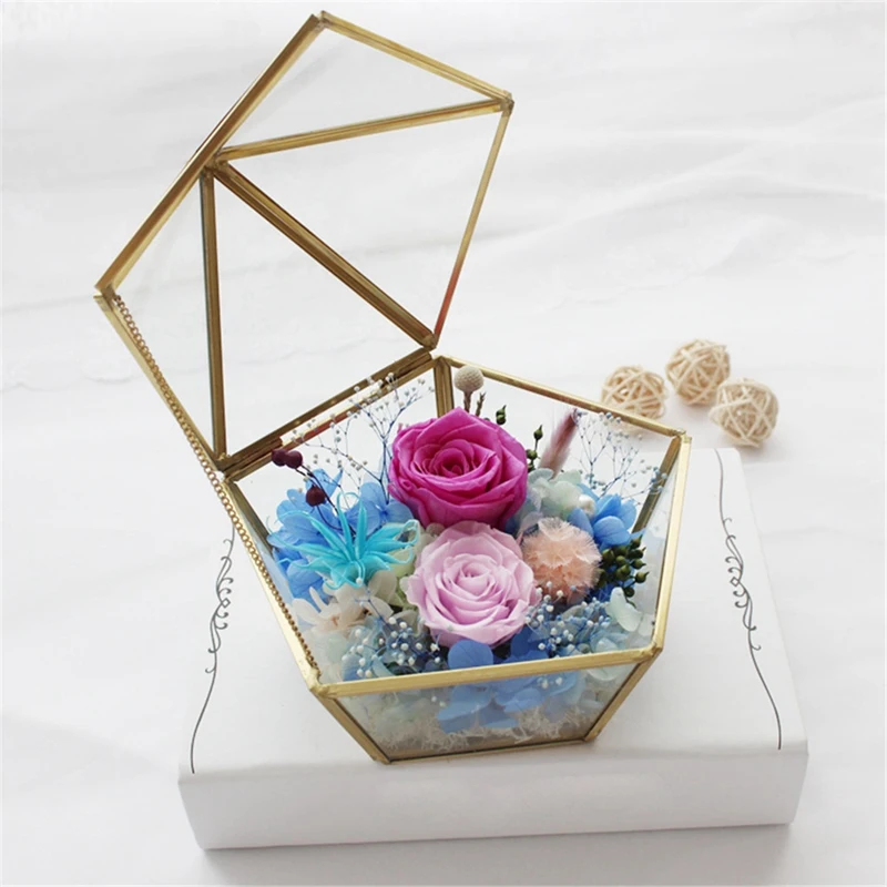 Ringbox aus Glas, Hochzeitsschmucketui, unsterbliche Blume, Glasabdeckung und quadratische Öffnung, Glasgeometrie, Garten-Schmuckschatullen, Spiegel, Juwel