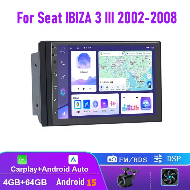 

Car Stereo 2 Din, Car play Screen 7inch 8GB 128GB For VW Seat IBIZA III 2002-2008 Car Radio Carplay Android 15 Multimedia Play