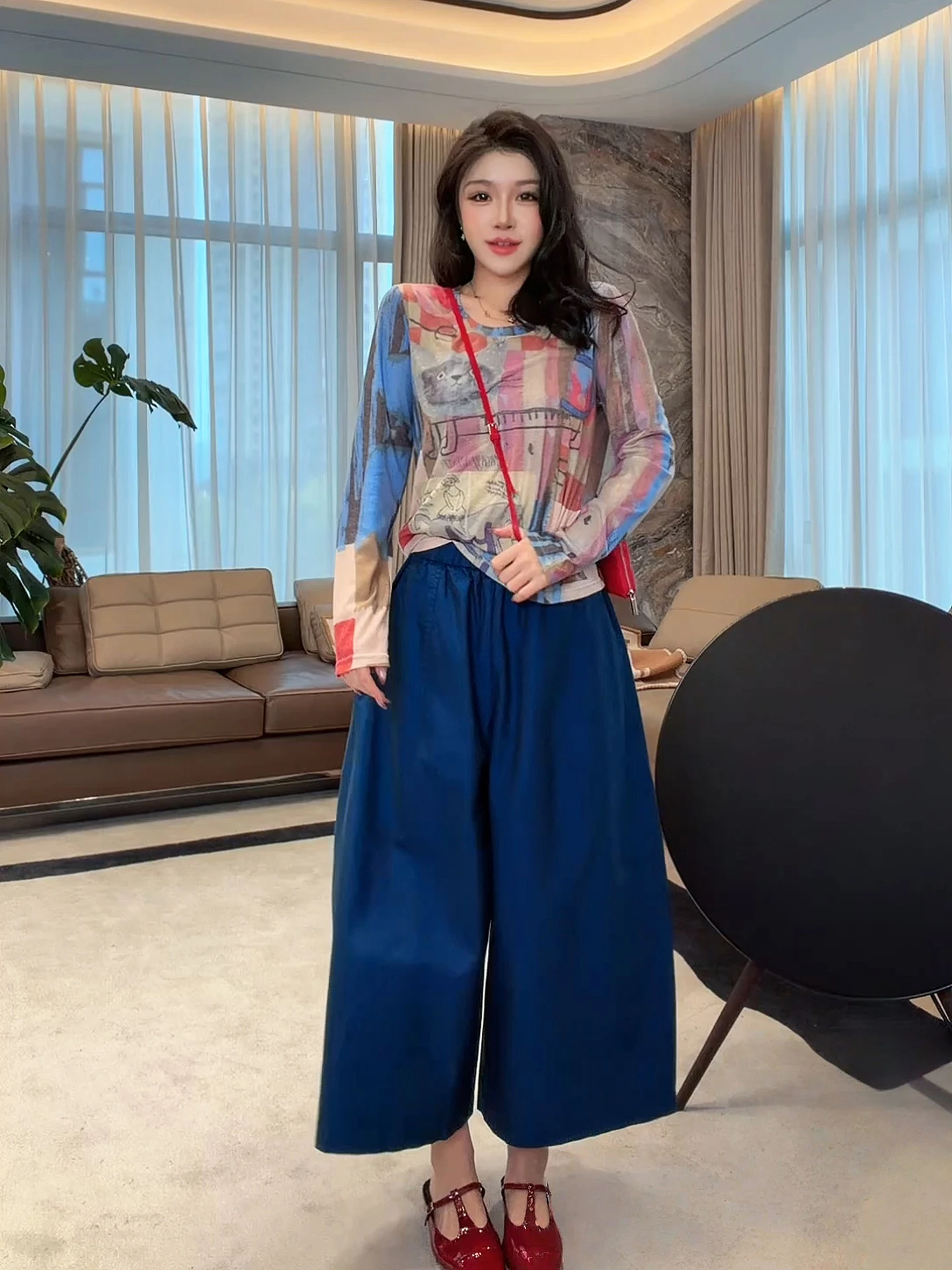 Artistic Print Slimming Fashionable Long Sleeve Thin T-Shirt Casual Wear Polyester Fabric round Neck Pullover for Women