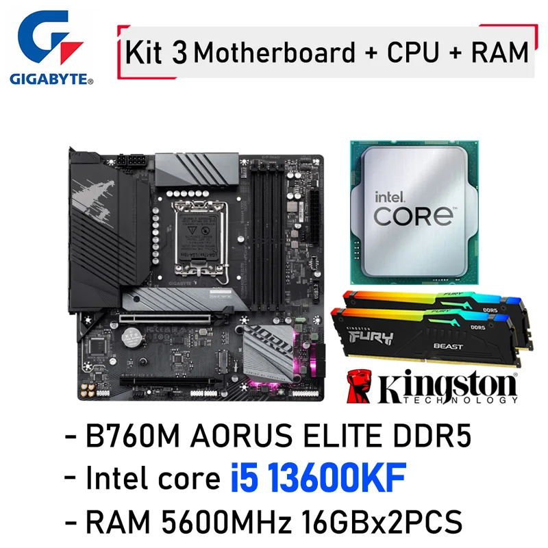 Intel Core i5 13600KF Processor Kit +Gigabyte B760M AORUS ELITE DDR5 Motherboard Intel B760 + Kingston DDR5 RAM 5600MHz 32GB RGB