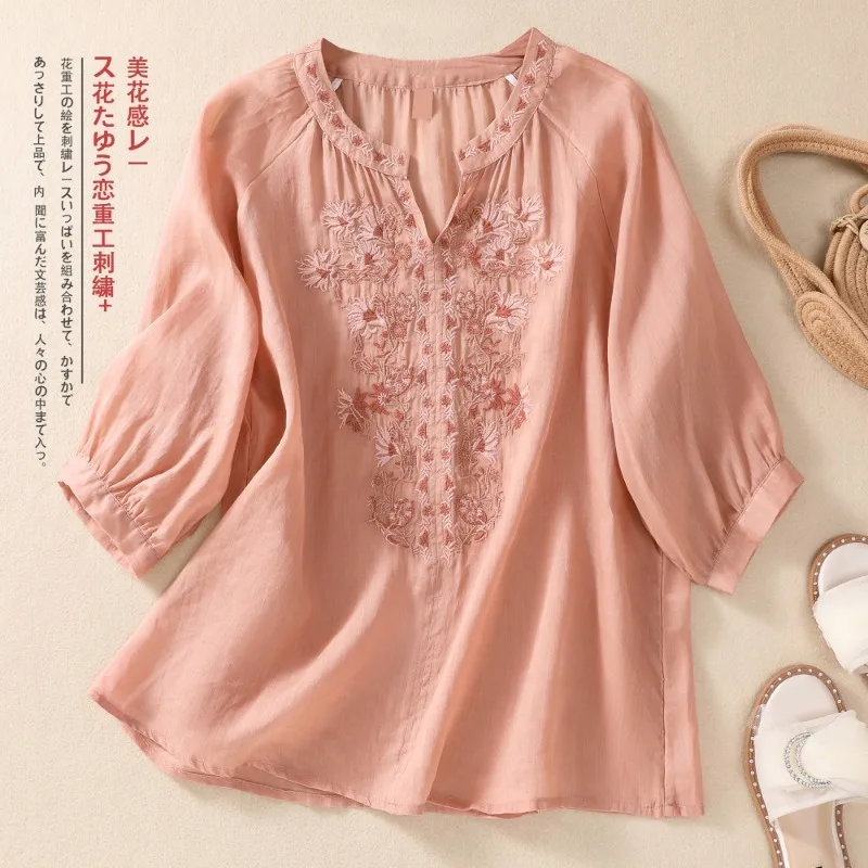 Cotton Linen Chinese Style Women\'s Shirt Summer Embroidery Vintage Blouses Loose Women Tops O-neck Clothing 2024 Korean